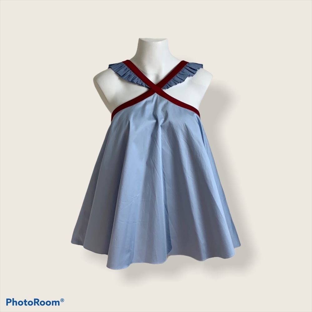 Anna October houndstooth Burgundy sky blue ruffle